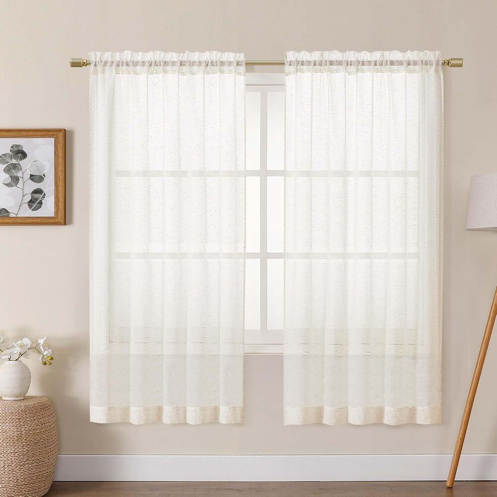 2 Pcs (1 Window) Beige Natural Linen Blend Sheer Curtains  40X63in